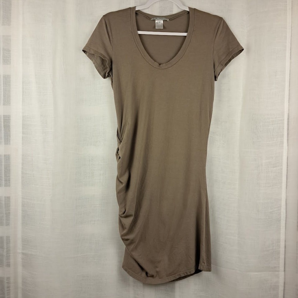 Prairie Underground Blaze Ruched T-Shirt Dress Organic Cotton Scoop Neck Taupe